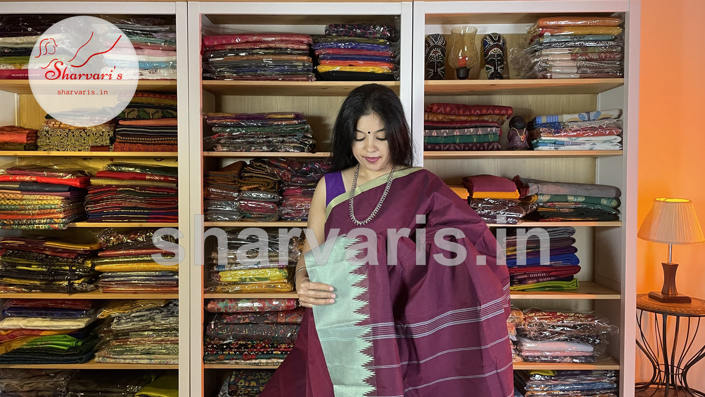 Maroon and Light Green Thazhampoo Border Kanchi Cotton Saree