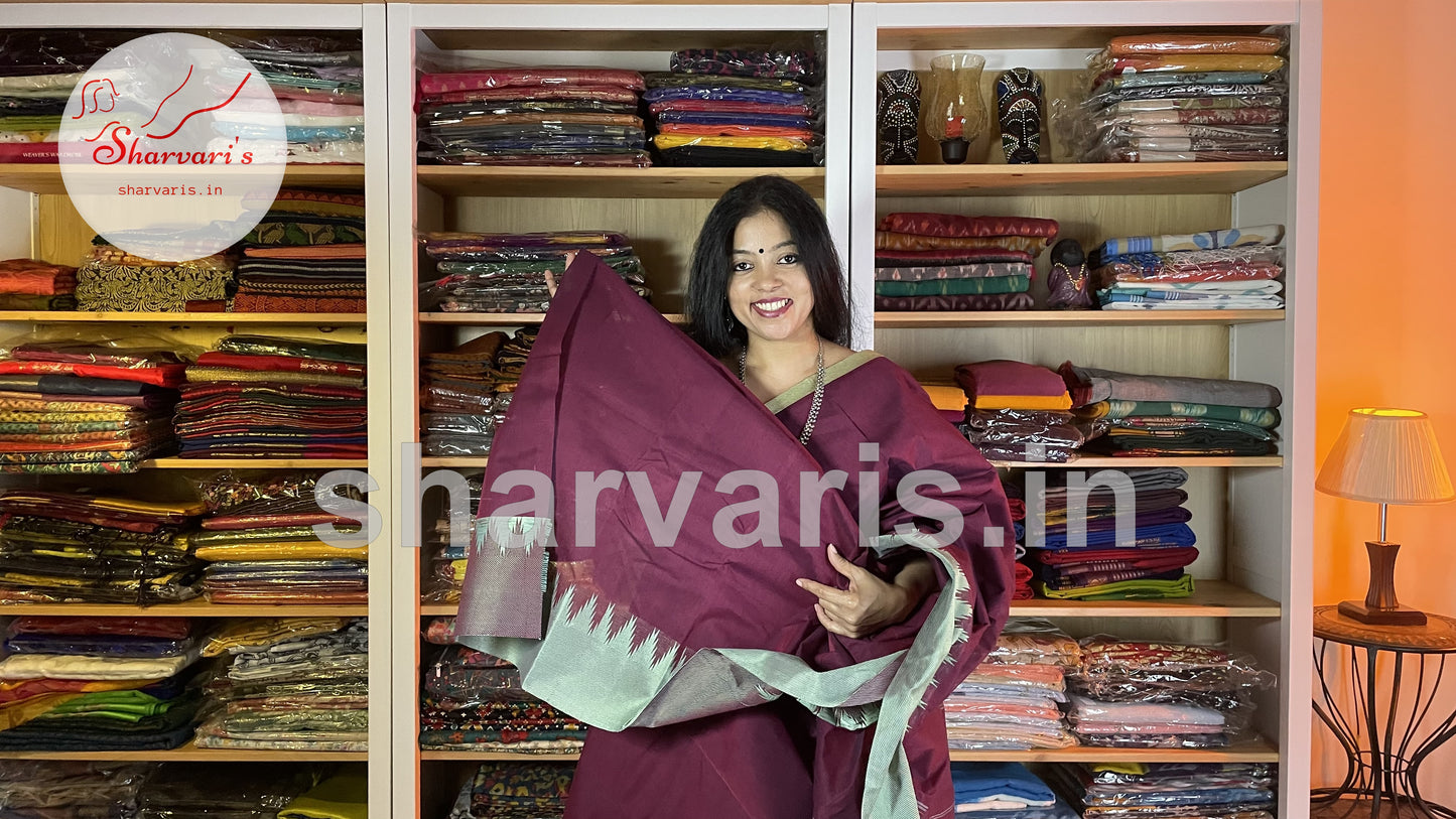 Maroon and Light Green Thazhampoo Border Kanchi Cotton Saree