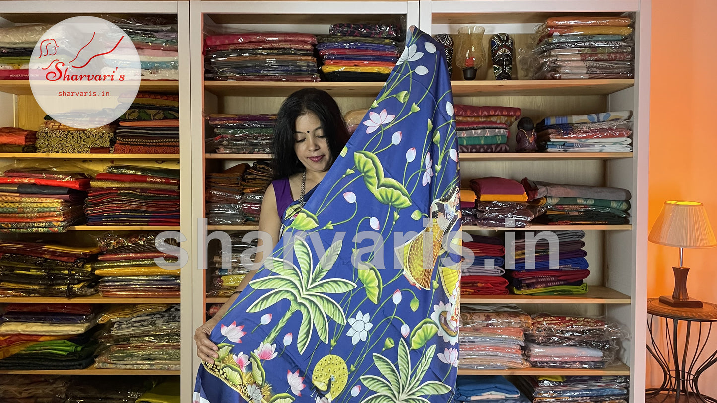 Navy Blue Faux Shamuz Satin Pichwai Saree