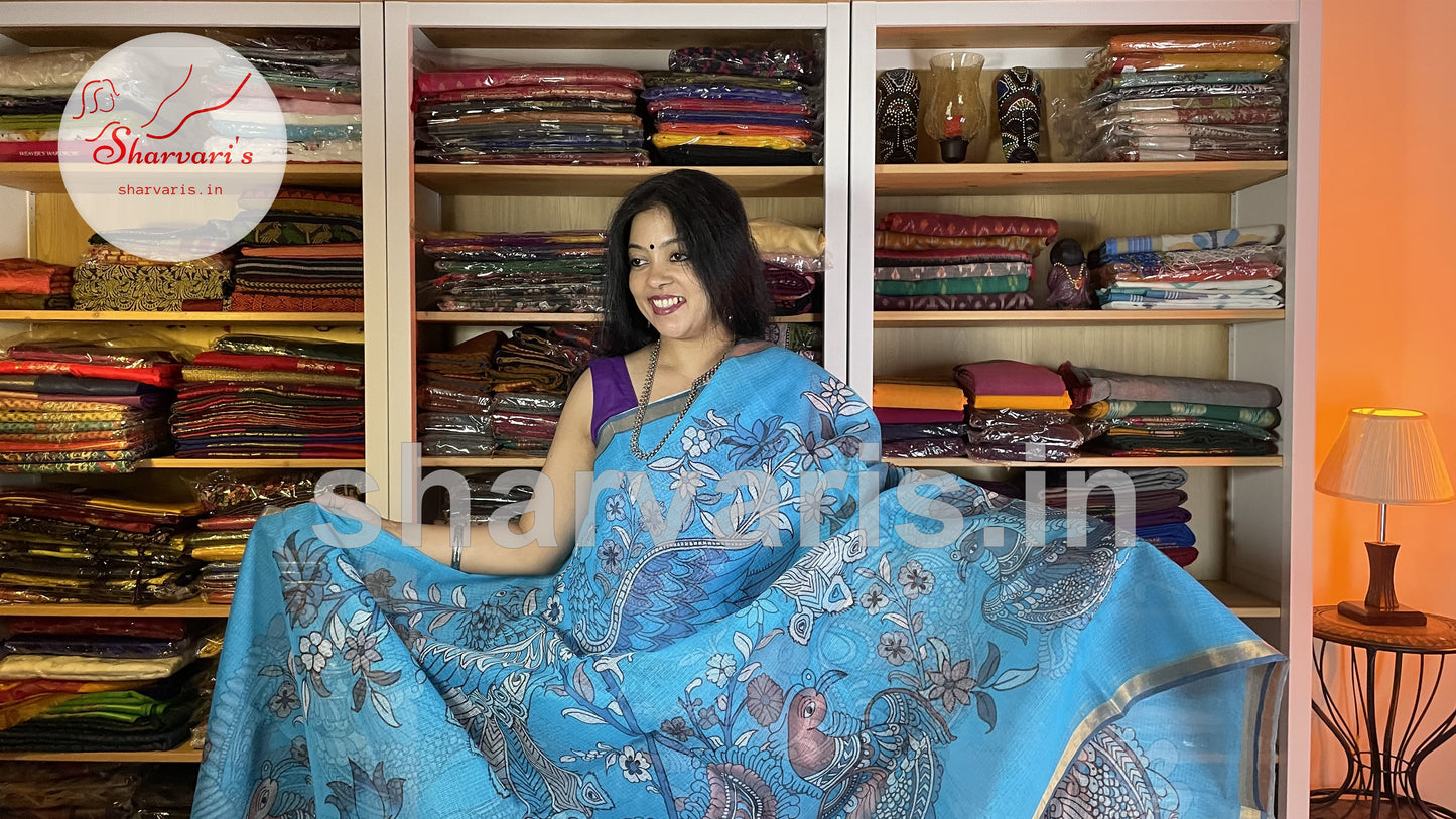 Cerulean Blue Kota Cotton All Over Pichwai Saree