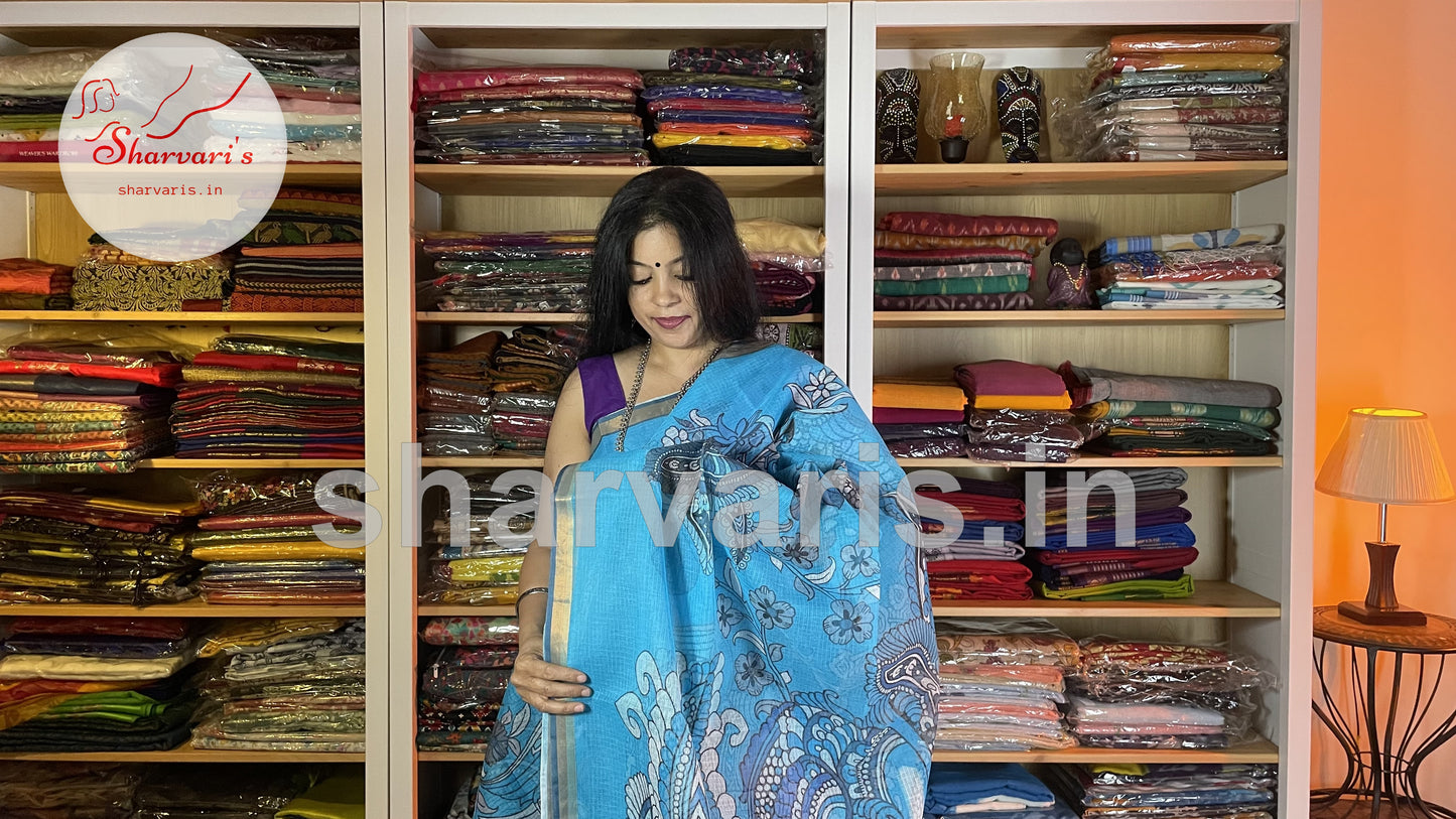 Cerulean Blue Kota Cotton All Over Pichwai Saree