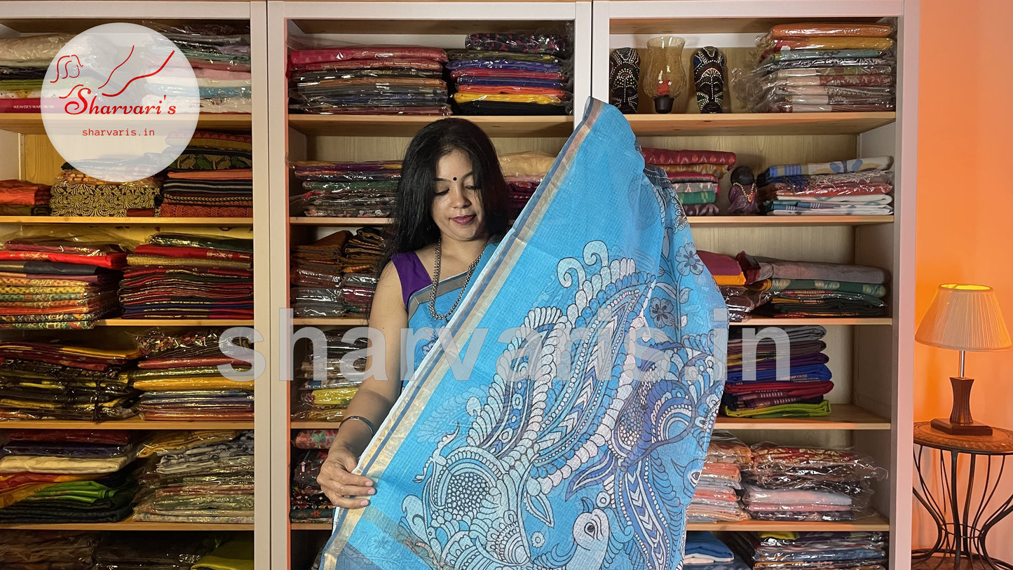 Cerulean Blue Kota Cotton All Over Pichwai Saree