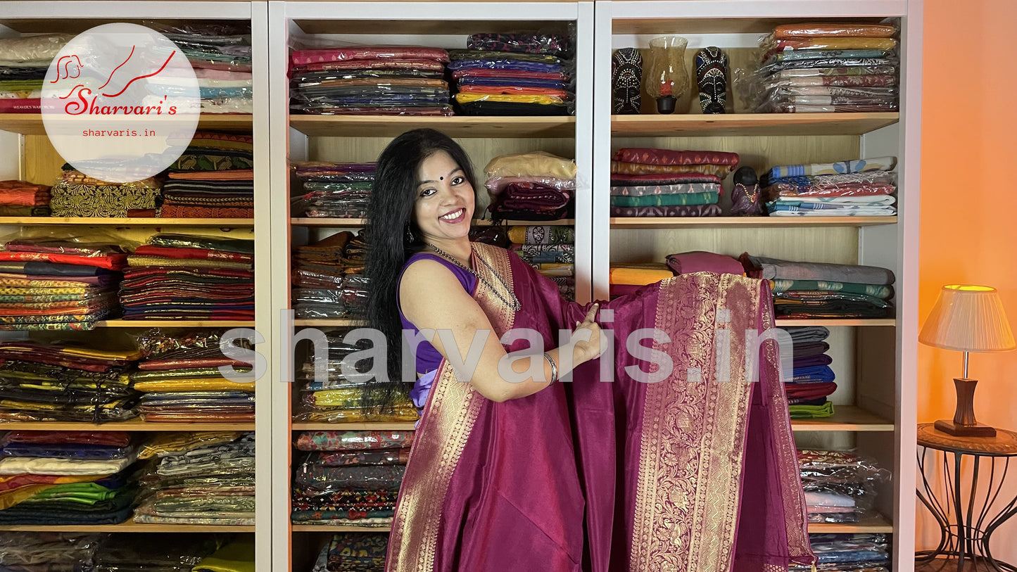 Deep Magenta Moonga Silk Saree with Long and Short Zari Borders