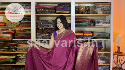 Deep Magenta Moonga Silk Saree with Long and Short Zari Borders