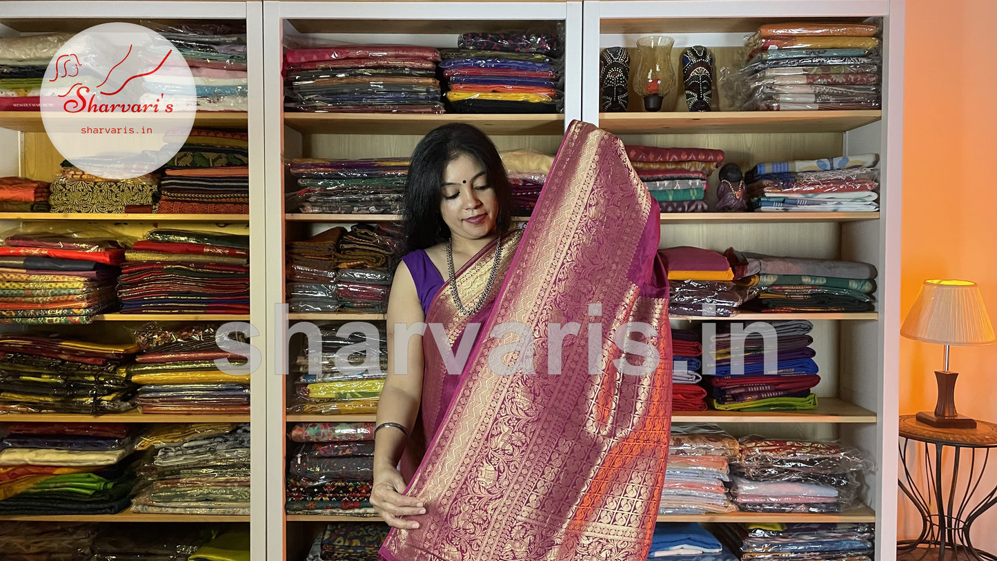 Deep Magenta Moonga Silk Saree with Long and Short Zari Borders