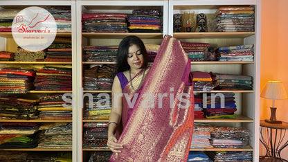 Deep Magenta Moonga Silk Saree with Long and Short Zari Borders