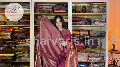 Deep Magenta Moonga Silk Saree with Long and Short Zari Borders