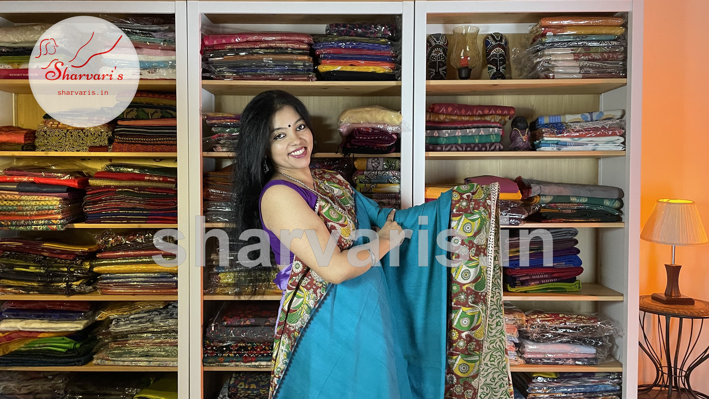 Cerulean Blue Kalamkari Cotton Saree