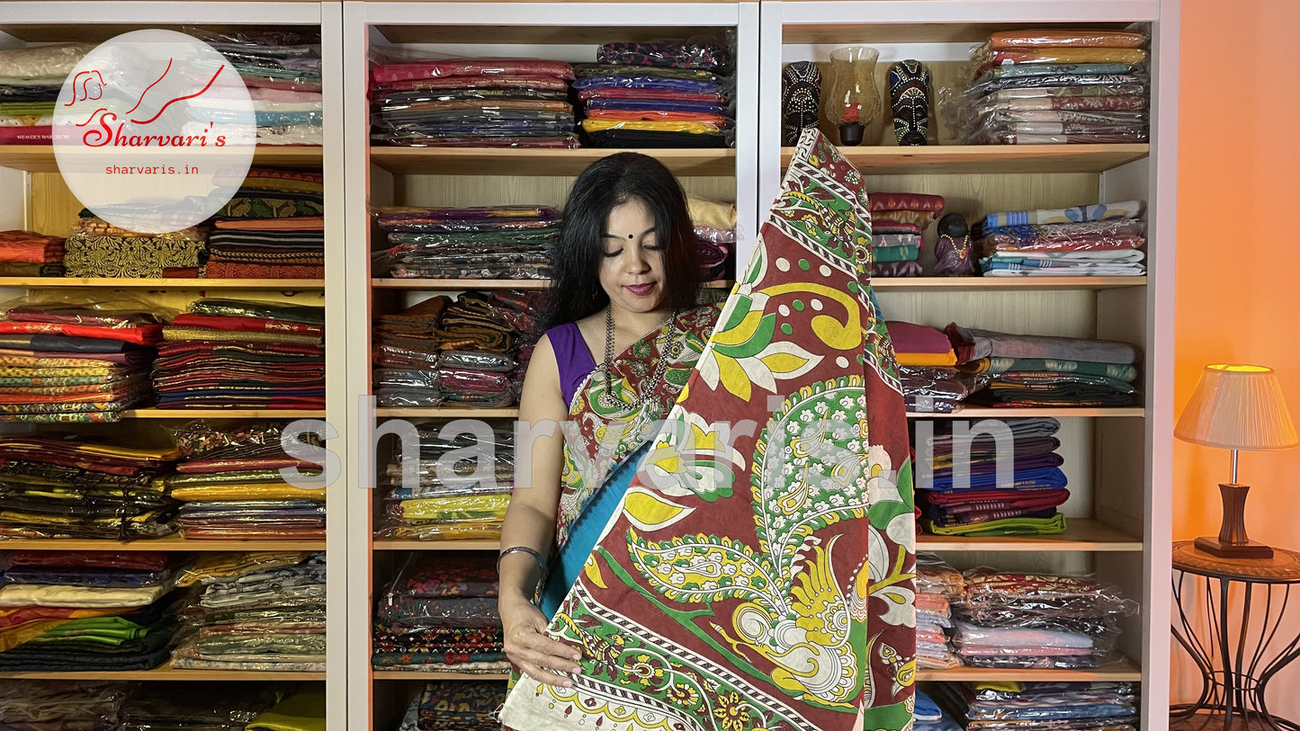 Cerulean Blue Kalamkari Cotton Saree