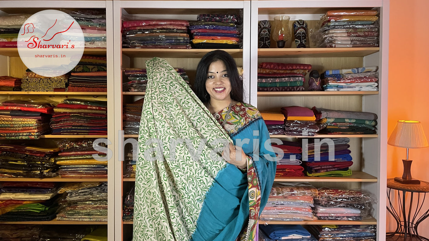 Cerulean Blue Kalamkari Cotton Saree