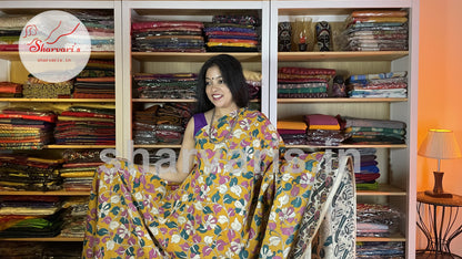 Mustard Yellow and Green Kalamkari Semi Silk Saree