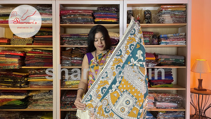 Mustard Yellow and Green Kalamkari Semi Silk Saree