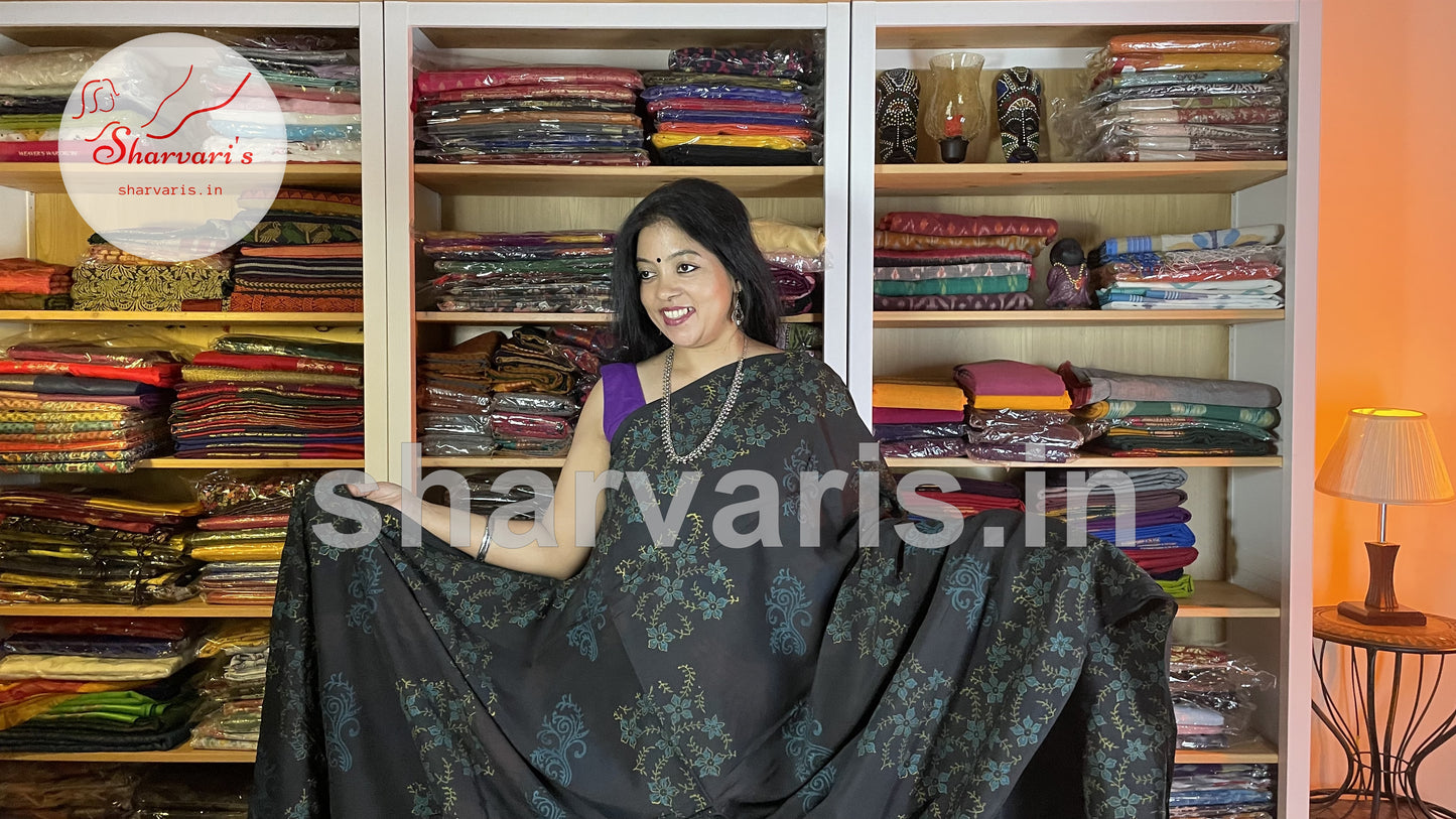 Black Kalamkari Semi Silk Saree with Unusual Prints