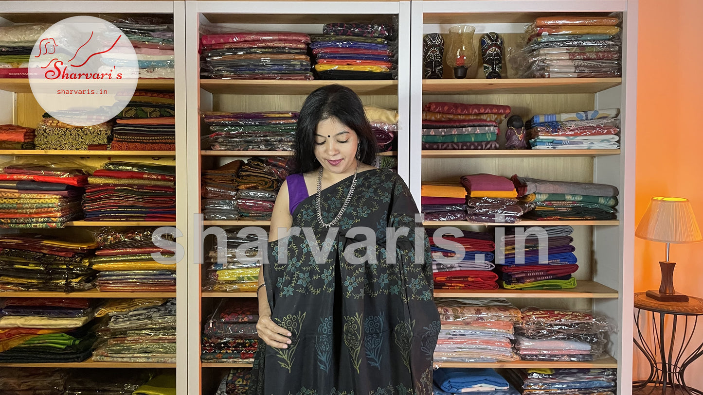 Black Kalamkari Semi Silk Saree with Unusual Prints