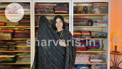 Black Kalamkari Semi Silk Saree with Unusual Prints