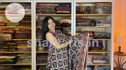 Black and Red Kalamkari Semi Silk Saree with Butterfly Prints