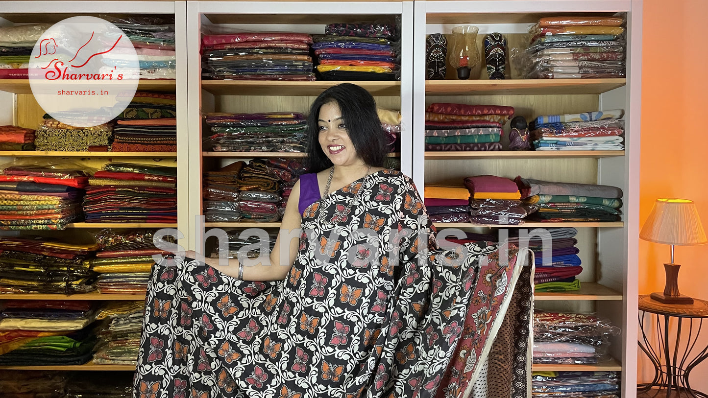 Black and Red Kalamkari Semi Silk Saree with Butterfly Prints