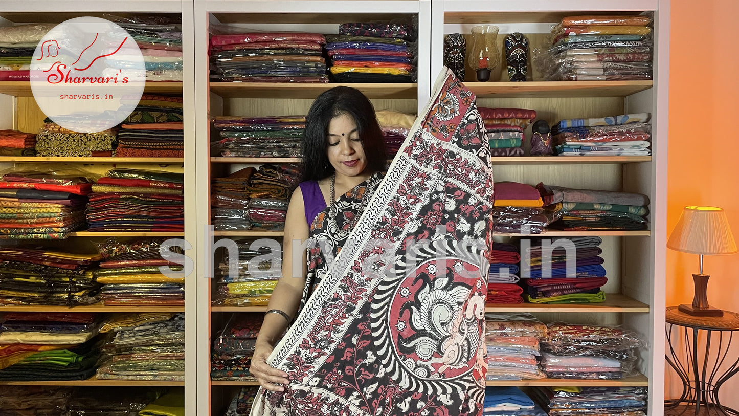 Black and Red Kalamkari Semi Silk Saree with Butterfly Prints