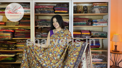 Mustard Yellow and Blue Kalamkari Semi Silk Saree