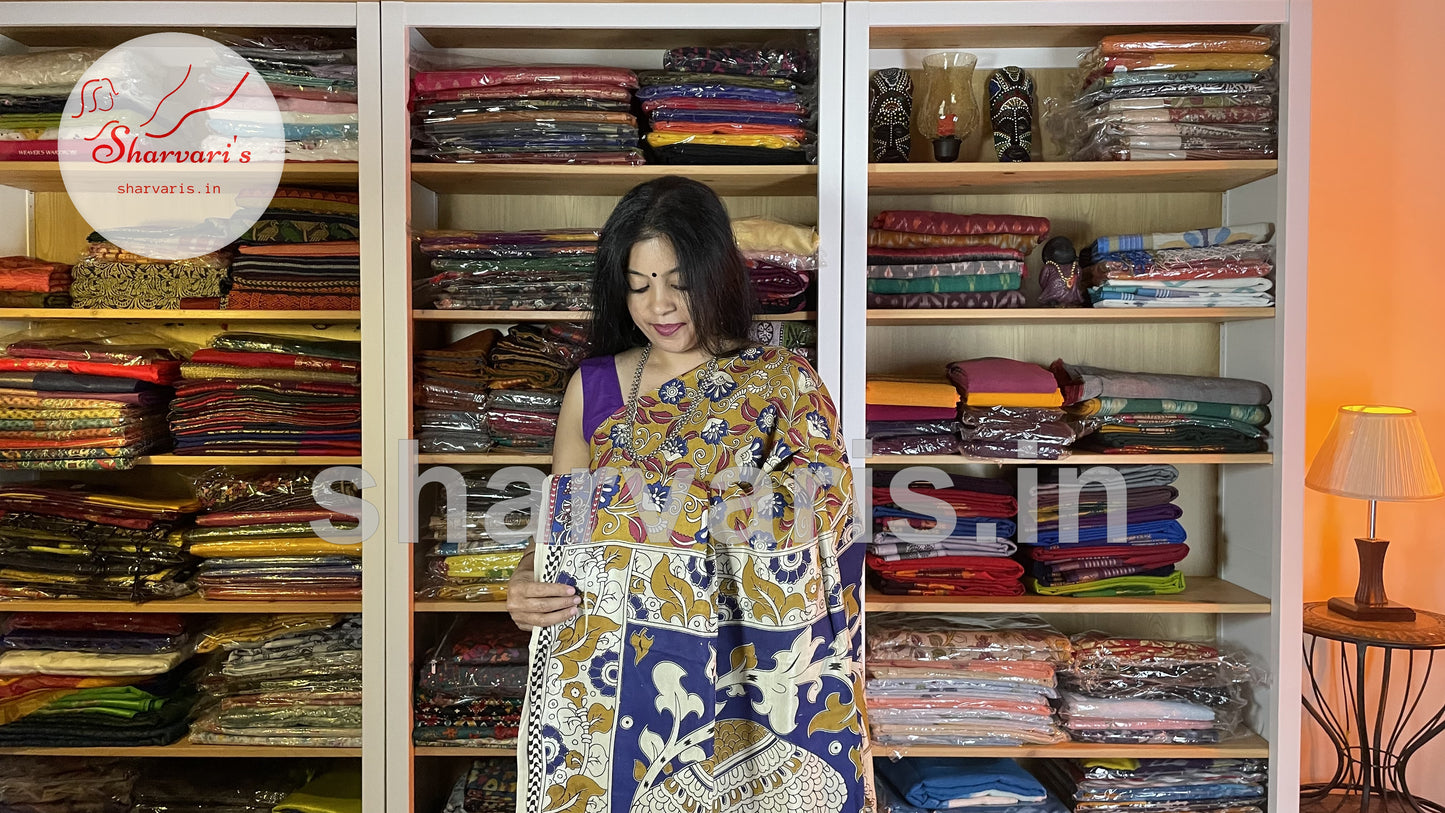 Mustard Yellow and Blue Kalamkari Semi Silk Saree