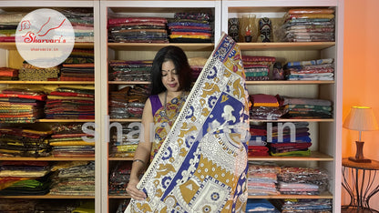 Mustard Yellow and Blue Kalamkari Semi Silk Saree