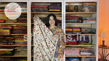 Mustard Yellow and Blue Kalamkari Semi Silk Saree