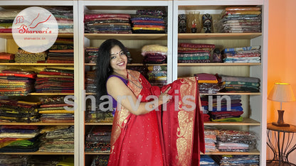 Crimson Red Premium Soft Banarasi/Benarasi Tissue Pure Silk Saree with Korvai Borders