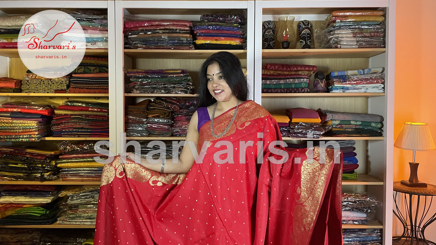 Crimson Red Premium Soft Banarasi/Benarasi Tissue Pure Silk Saree with Korvai Borders