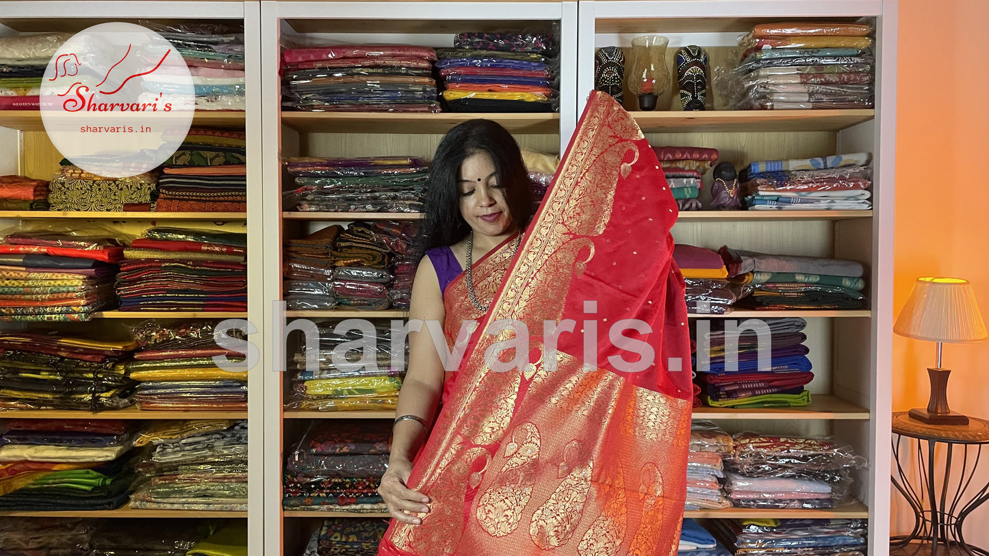 Crimson Red Premium Soft Banarasi/Benarasi Tissue Pure Silk Saree with Korvai Borders