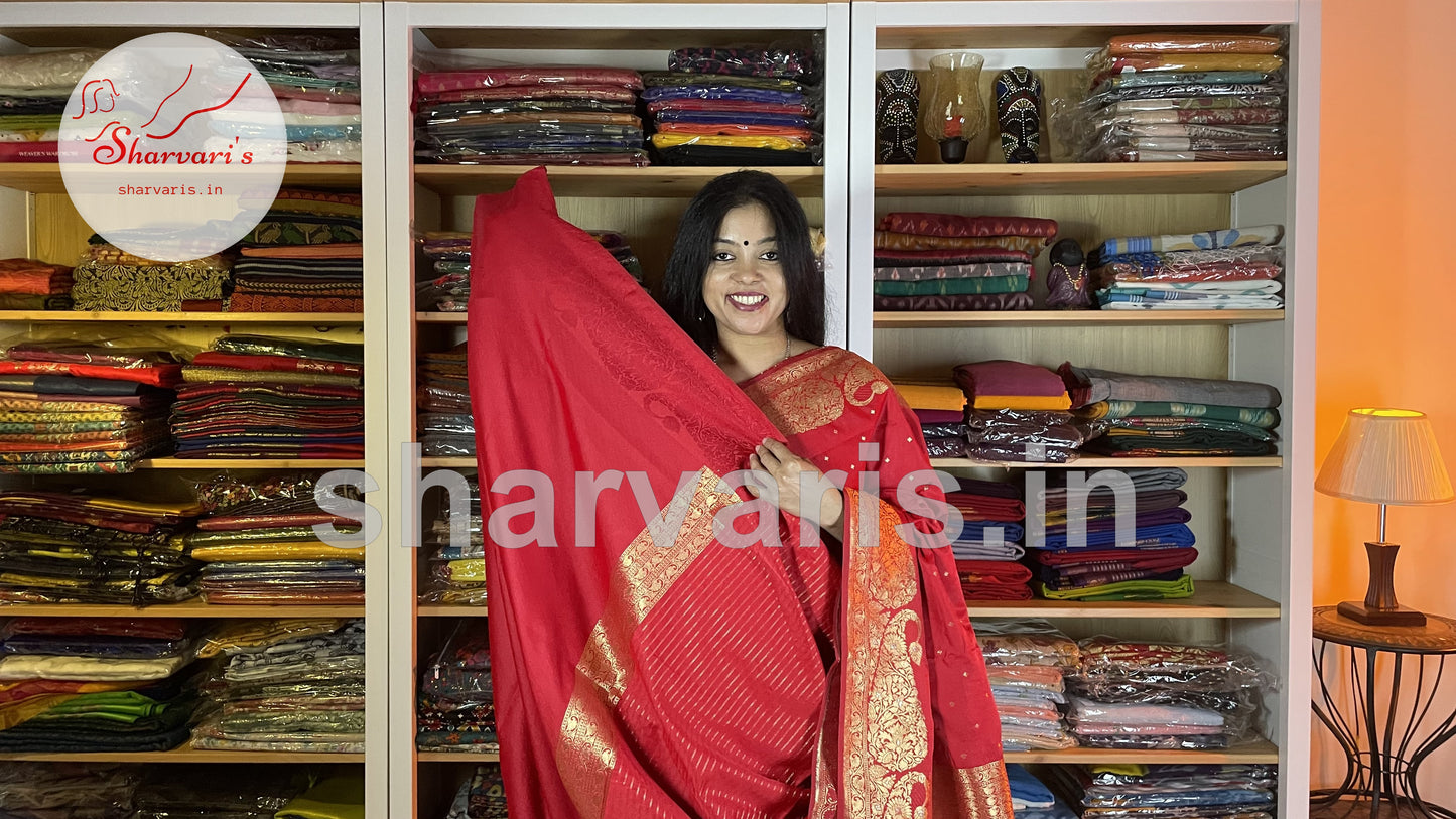 Crimson Red Premium Soft Banarasi/Benarasi Tissue Pure Silk Saree with Korvai Borders