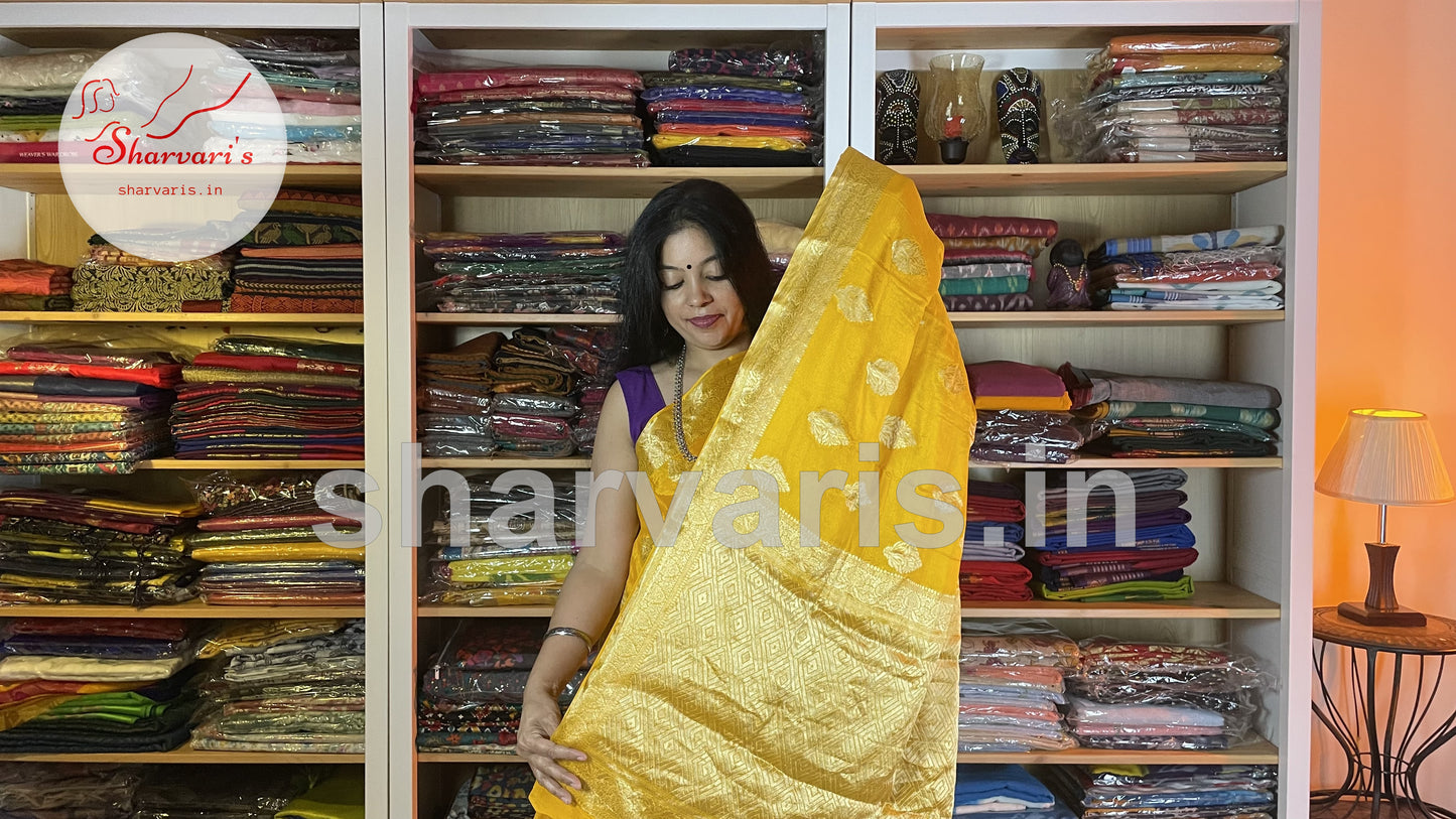 Mango Yellow Crepe Banarasi/Benarasi Saree with Paisley Motifs